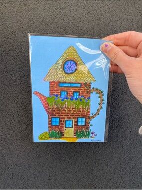 Whimsical Teapot Fairy House Watercolor Art Print - Blue Background